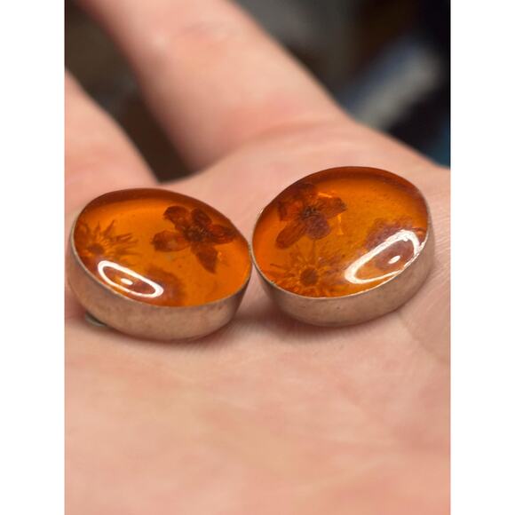 Vintage Mexico Sterling Silver Orange Resin Real Dried Flower Clip On Earrings - Picture 2 of 6